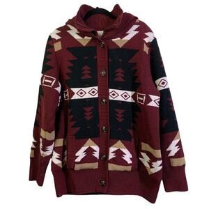 SOUTHWEST Sweater Jacket‎ Coat Sherpa Lined w/Hood Zipper & Button Closure